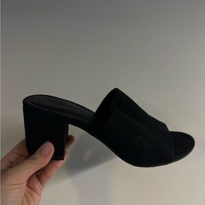 Black Suede American Eagle Open-Toe Block Heel Mule